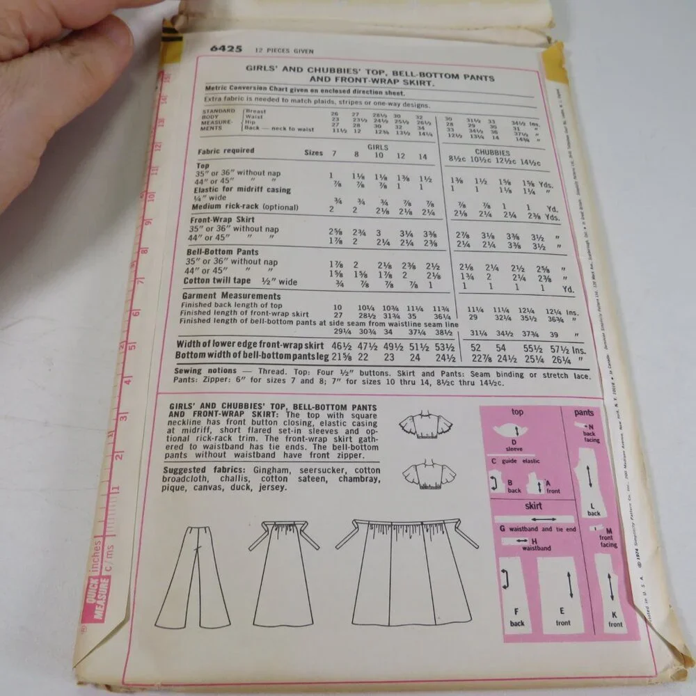 Simplicity 6425 Sewing Pattern UNCUT Bellbottoms, Wrap Skirt, small top 